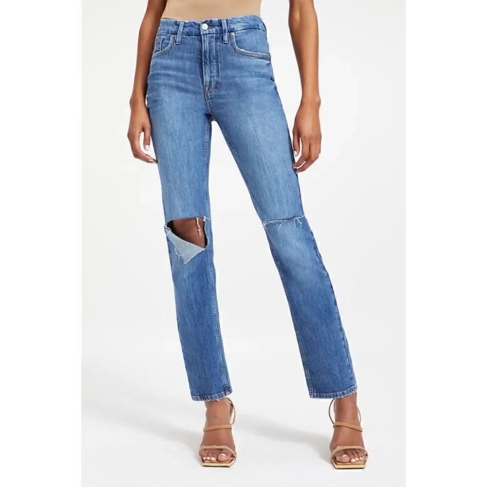 Good American Good 90s Icon Ripped Straight Leg High Rise Stretch Denim Jeans - Picture 1 of 16